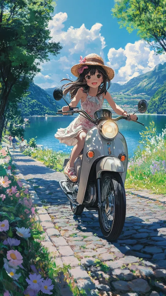 A cheerful anime girl with brown hair, wearing a straw hat and a floral dress, rides a vintage scooter along a picturesque cobblestone path. Lush greenery and flowering plants line the road, which overlooks a serene lake nestled amidst mountains under a bright, sunny sky.  The scene is idyllic and peaceful, radiating a sense of summer joy.