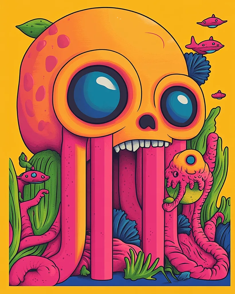A vibrant illustration features a whimsical skull-like creature with large, bright eyes and a pink, tentacled body.  Surrounding it is a psychedelic underwater scene with glowing, cartoonish sea creatures and plants in a bold palette of oranges, pinks, and greens. The style is playful and surreal, reminiscent of fantasy art and children's book illustrations. The overall effect is energetic and visually stimulating.