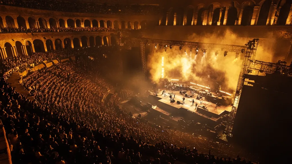 A massive crowd fills a Roman amphitheater, illuminated by the warm glow of stage lights.  A band performs on a large stage, engulfed in dramatic smoke and light effects. The ancient architecture contrasts sharply with the modern concert spectacle, creating a powerful visual of history and entertainment merging. The energy of the performance is palpable, with the audience captivated by the show.