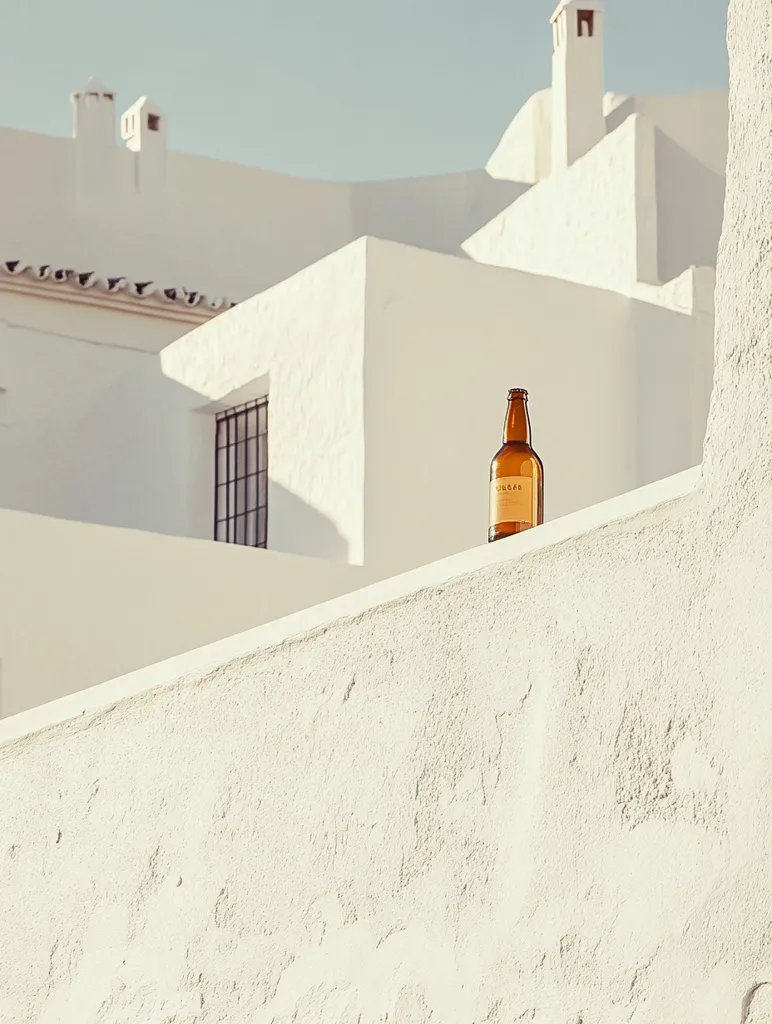 A single brown beer bottle rests on a whitewashed wall, set against a backdrop of a sun-drenched, whitewashed building with multiple chimneys. The scene exudes a minimalist aesthetic, with the bottle as the central focus, bathed in natural light.  The architecture appears to be Mediterranean in style. The overall mood is serene and peaceful.