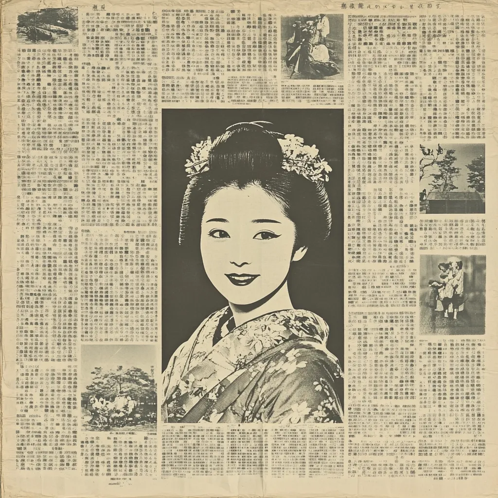 A newspaper clipping features a large, black and white portrait of a young woman in a traditional Japanese kimono and hairstyle.  Surrounding the portrait are smaller images and dense columns of Japanese text.  The smaller pictures depict various scenes, possibly related to news or cultural events.  The overall style suggests a vintage newspaper, likely from Japan.
