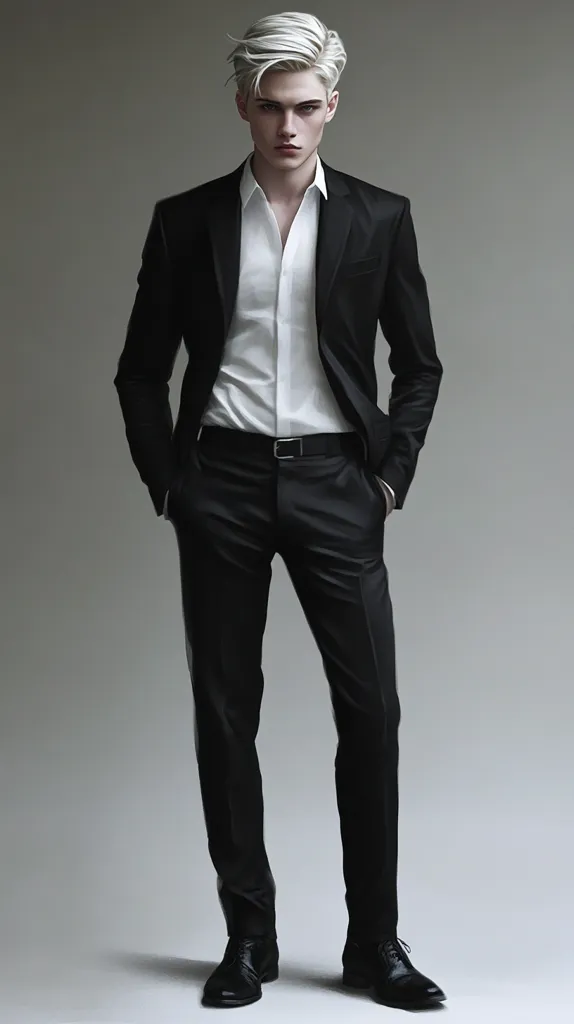A digital painting of a young man with platinum blonde hair, wearing a sharp black suit and crisp white shirt. His hands are in his pockets, and he stands against a neutral gray background. The style is clean and elegant, reminiscent of fashion illustration or character design.  His expression is serious and composed.  The overall effect is sophisticated and stylish.