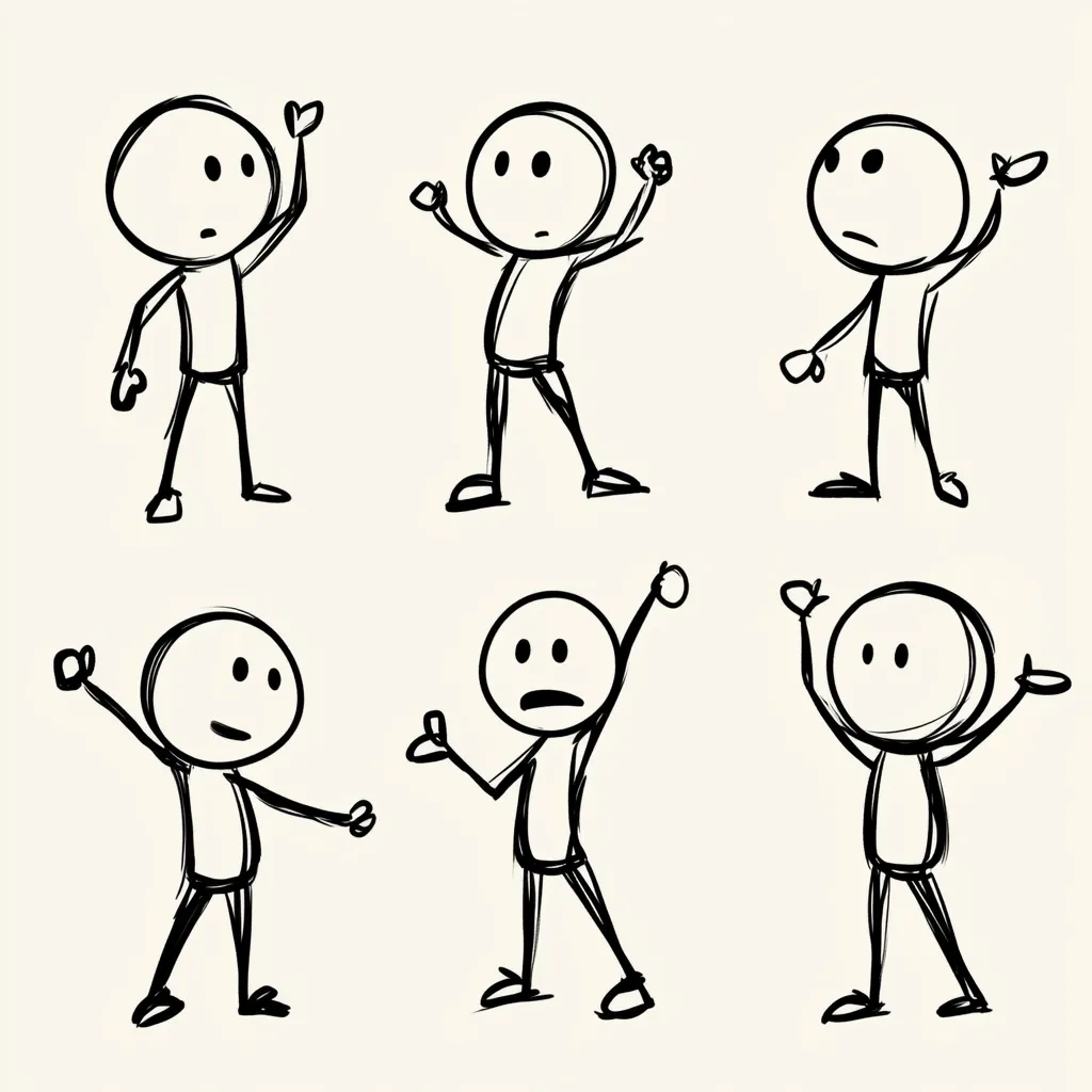 Six simple stick figures are depicted in various poses, showcasing different actions and emotions.  Their expressions range from neutral to questioning, and their postures illustrate actions such as raising a hand, stretching, and standing with arms open. The sketchy style gives a casual and playful feel.