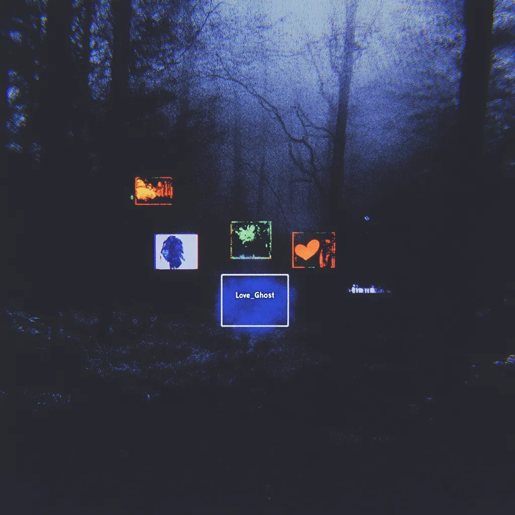 A dark, atmospheric image depicts a misty forest at night.  Overlaid are several small, brightly colored squares containing abstract imagery: a figure, a heart, and indistinct shapes.  A central, larger, blue rectangle displays the text "Love_Ghost," suggesting a title or theme. The overall mood is mysterious and evocative.