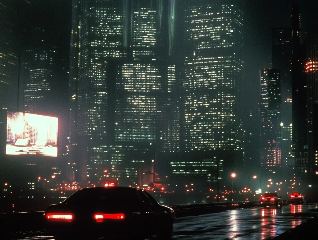 A nighttime cityscape, dominated by tall, illuminated skyscrapers, is shown.  A dark-colored car with red taillights is in the foreground on a rain-slicked road.  Bright billboards punctuate the scene.  The overall atmosphere is dark, moody, and cinematic, hinting at a bustling urban environment.  The city's lights reflect on the wet road.