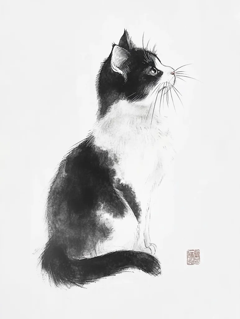 An elegant monochrome artwork depicts a tuxedo cat in a seated profile.  Rendered in a style reminiscent of East Asian ink painting, the cat's form is suggested through washes of black and gray, leaving areas of white paper to represent highlights and the cat's chest. The cat gazes upward, its whiskers delicately detailed. A small, subtly colored artist's seal is present in the lower right corner.