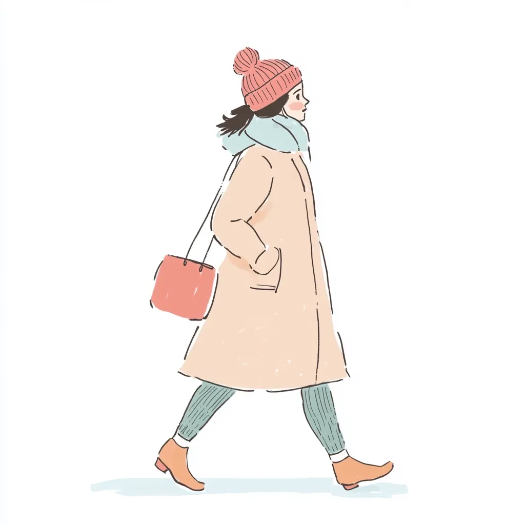 A stylish illustration depicts a woman strolling. She's dressed in a beige coat, a light blue scarf, a pink beanie, and patterned leggings.  A coral-colored handbag hangs from her shoulder.  Her attire suggests a cool, autumnal or wintery day. The drawing style is simple and slightly textured, giving a soft, hand-drawn feel.