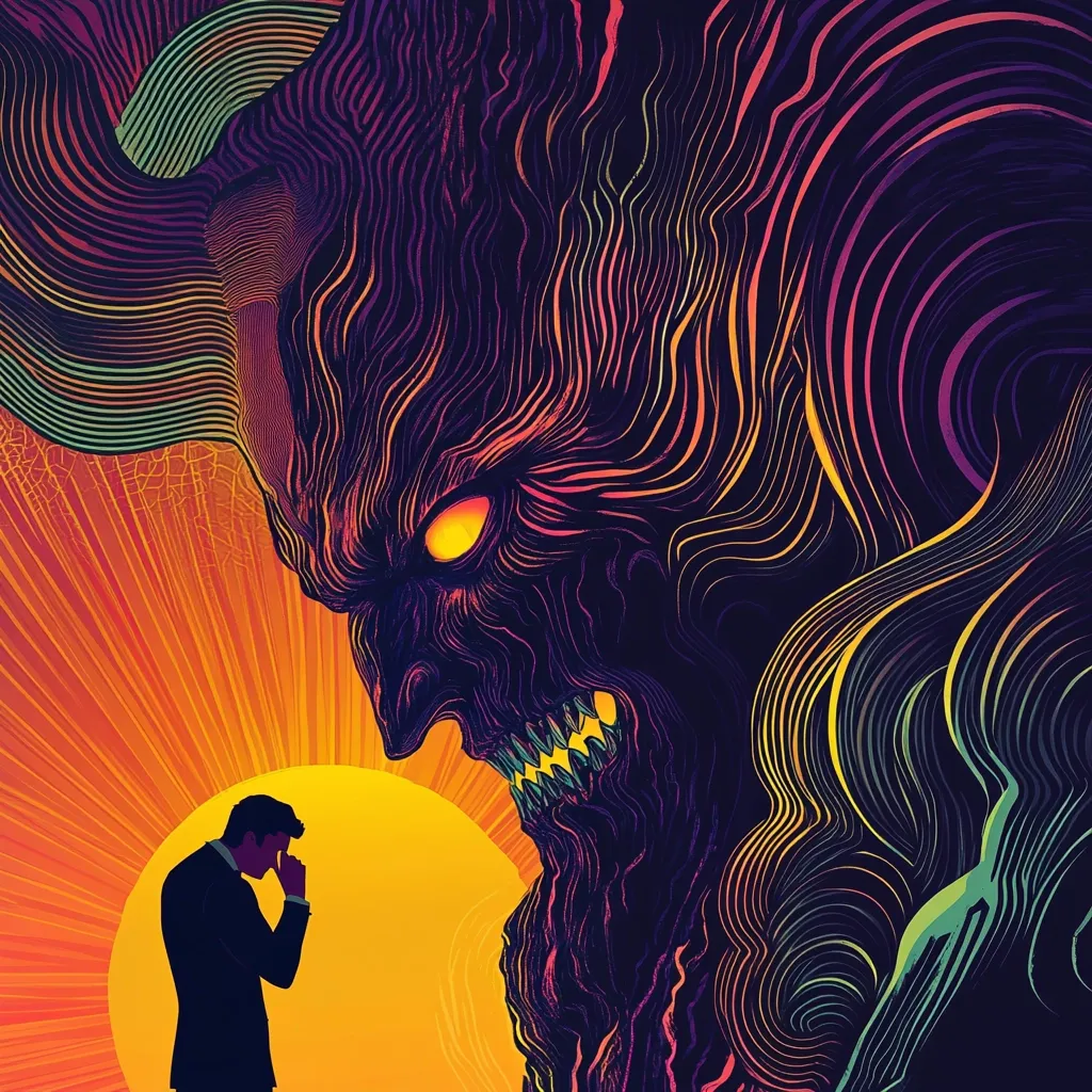 A stylized illustration depicts a businessman, head bowed in contemplation, facing a massive, demonic figure. The demon, rendered in vibrant, swirling lines of dark purple, orange, and teal, possesses glowing yellow eyes and sharp teeth.  The background features a fiery, sun-like orb, contrasting with the dark, ominous presence of the creature looming over the small, silhouetted man. The overall effect is one of impending doom or internal conflict.