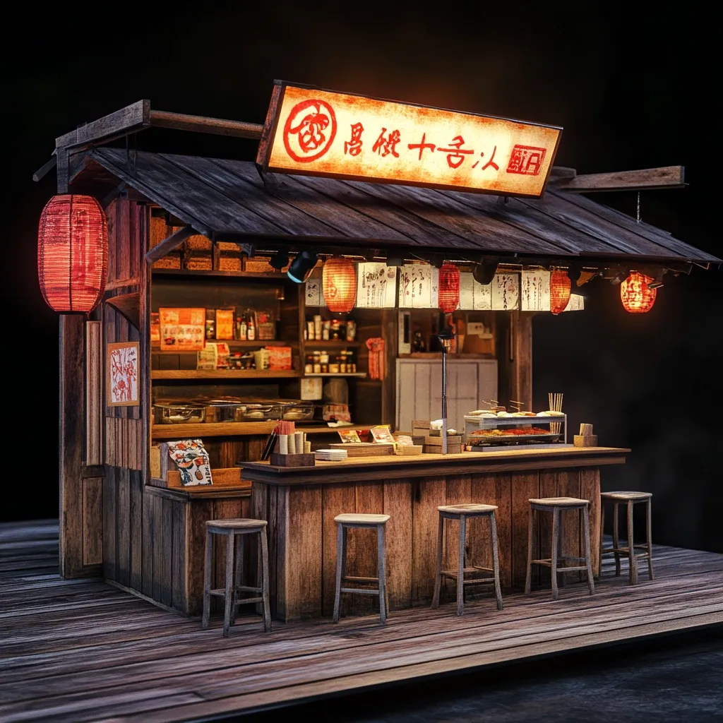 A meticulously crafted miniature of a traditional Japanese yakitori stand glows warmly under the night.  Wooden construction, red paper lanterns, and a rustic counter laden with food create an inviting atmosphere.  The stand's sign, written in Japanese, adds authenticity.  Small stools are arranged before the counter, completing the charming and detailed scene.