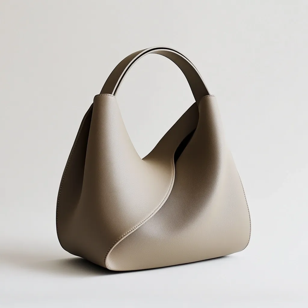 A taupe-colored leather handbag with a unique, sculpted design sits on a minimalist beige background. The bag features a single top handle and a softly curved, asymmetrical silhouette. Its smooth, seemingly supple leather suggests a luxurious feel. The overall aesthetic is modern and understated, emphasizing clean lines and a sophisticated simplicity.