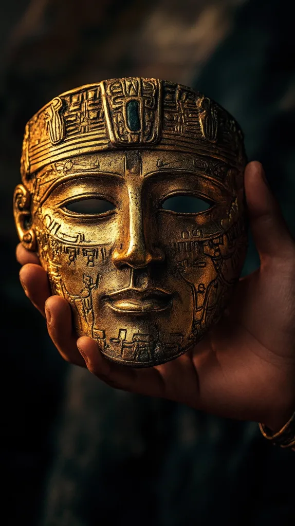 A hand gently cradles an ornate, golden mask, its surface intricately carved with hieroglyphs and symbolic designs.  The mask depicts a pharaoh's face, serene yet powerful, with detailed features and a regal headdress. The metallic sheen reflects a dim light, enhancing the artifact's ancient aura.  The dark background emphasizes the mask's rich detail and historical significance.