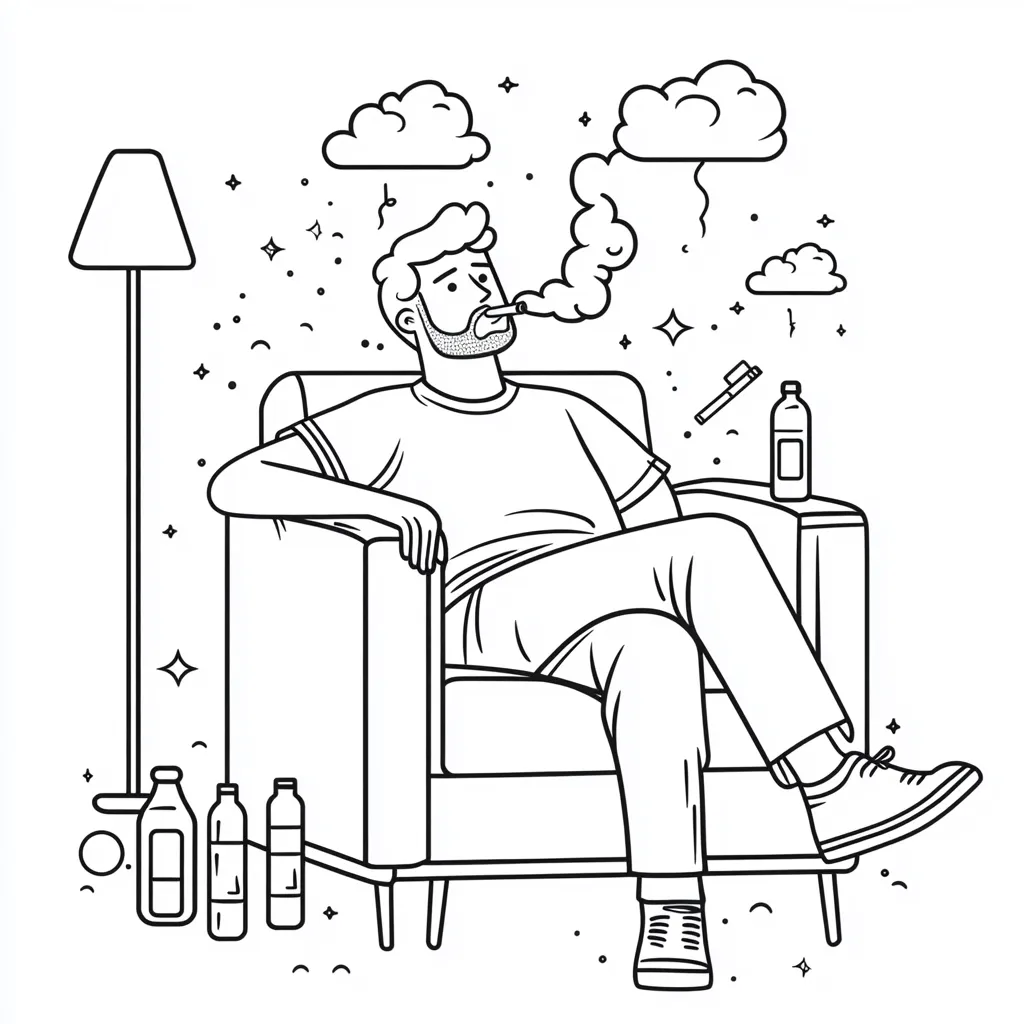 A line drawing depicts a bearded man relaxing in an armchair, smoking a joint.  Smoke forms whimsical clouds above him.  Bottles and a toothbrush sit on a side table.  The overall style is simplistic and slightly surreal, with scattered stars and sparkles adding to the relaxed atmosphere.  He appears content and comfortable in his surroundings.