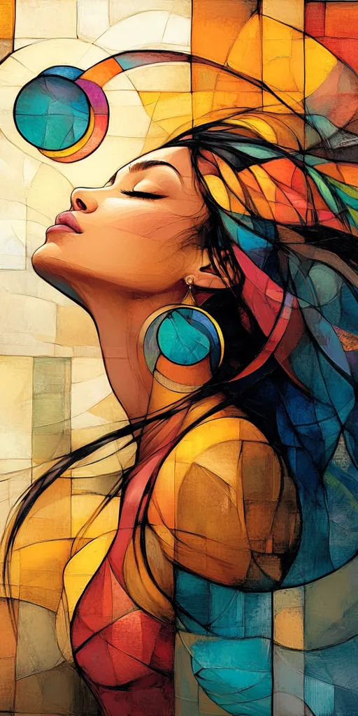 A vibrant, abstract portrait of a woman with eyes closed, her head tilted back.  Her dark hair flows like a colorful, geometric stream, blending with warm oranges, yellows, and blues in a stained-glass style. Large, turquoise earrings add to the piece's bold, stylized aesthetic. The artwork is rich in texture and evokes a sense of serenity and inner peace.
