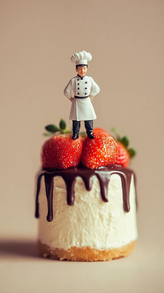 A miniature chef figurine stands proudly atop a delectable mini cheesecake.  The creamy dessert is adorned with fresh strawberries and drizzled with rich chocolate ganache. The scene is captured against a muted beige background, creating a charming and whimsical image.  The contrast between the tiny chef and the generously sized cake adds to its playful appeal.