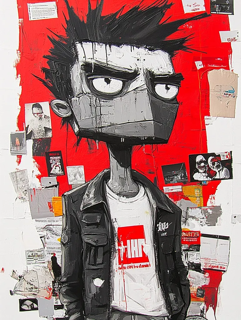 A stylized portrait of a young man with spiky hair and a mask-like face dominates a vibrant red background.  He's depicted in a black leather jacket and white t-shirt with a red logo. The artwork incorporates collage elements—news clippings, receipts, and smaller images—creating a layered, textured effect. The overall style is bold and expressive, reflecting a blend of graffiti art and mixed media techniques.  The man's expression is serious, even brooding.