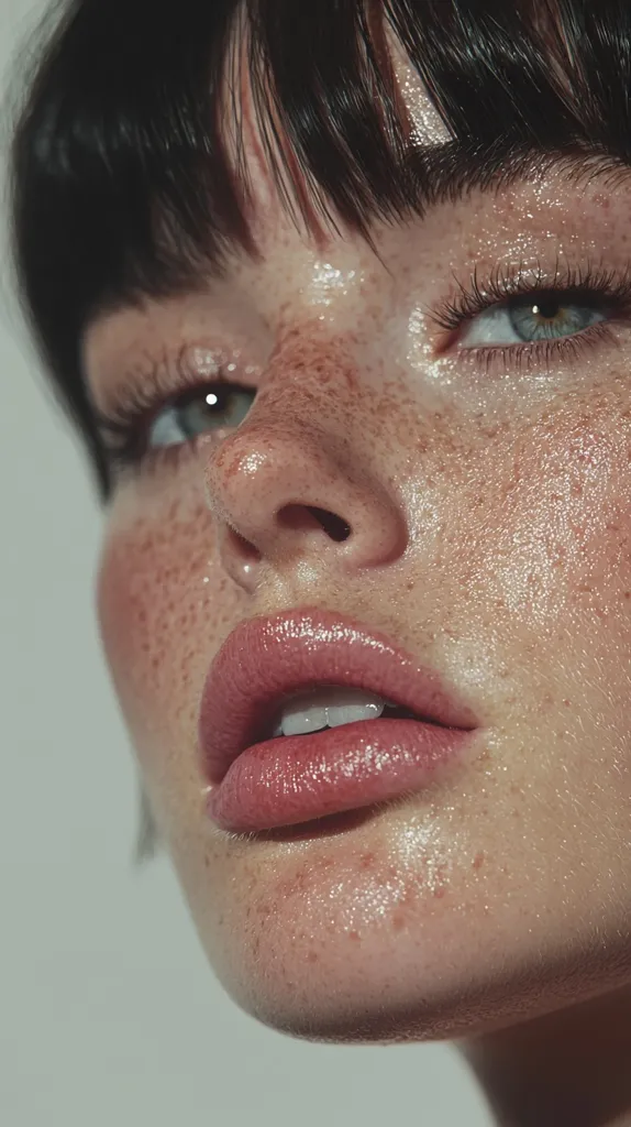 Close-up of a woman's face, showcasing her freckled skin and dark bangs. Her eyes are striking, with light-colored irises and full lashes.  She wears a soft pink lipstick, highlighting her full lips. The overall impression is one of natural beauty, enhanced by subtle makeup.  Her skin appears dewy and radiant.