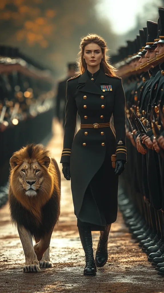 A striking image depicts a woman in a military-style coat, gold buttons gleaming, walking confidently beside a majestic lion.  She's tall and elegant, her long hair flowing.  Behind her, a line of soldiers in dark uniforms stands at attention, creating a dramatic backdrop. The scene is bathed in warm, golden light, emphasizing the power and grace of the woman and her unusual companion.