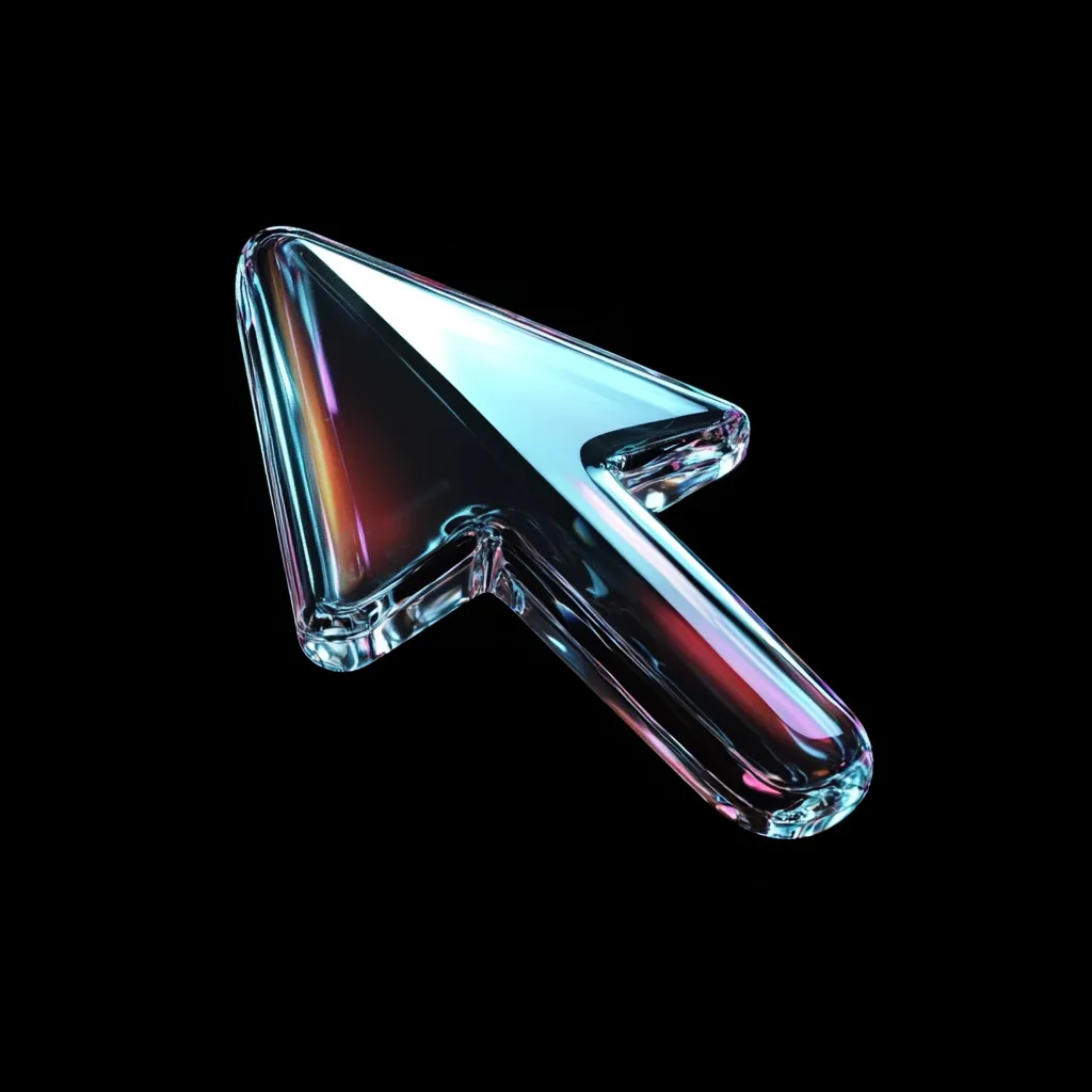 A translucent, glass-like cursor arrow is presented against a stark black backdrop.  The arrow displays iridescent colors, shifting between blues, purples, and reds, giving it a sleek and modern appearance.  The three-dimensional rendering highlights the smooth curves and reflective qualities of the glass-like material. The image evokes a sense of digital interaction and modern design.
