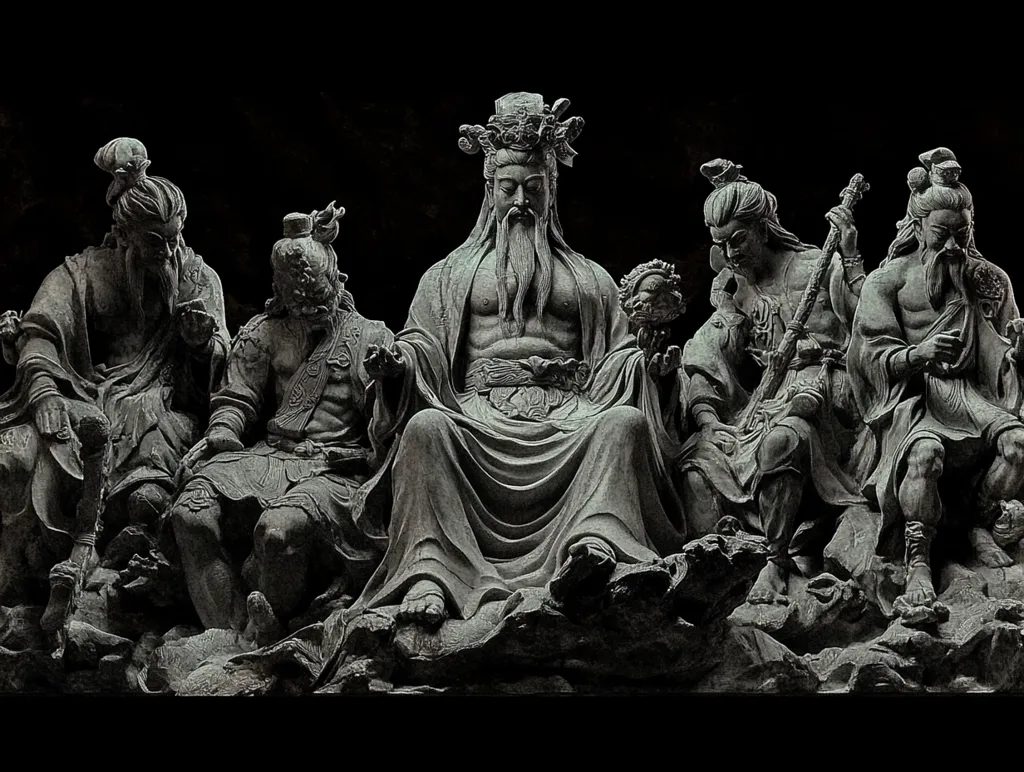 A striking monochrome image showcases a majestic stone sculpture depicting a central figure, possibly a deity or emperor, flanked by four attendant figures. The central figure is powerfully built, adorned with elaborate headwear and flowing robes. The attendants, each with distinct features and attire, seem to be in respectful attendance. The detailed carving and dramatic lighting highlight the texture and form of the stone, creating a sense of grandeur and mystery. The dark background isolates the sculpture, emphasizing its imposing presence.