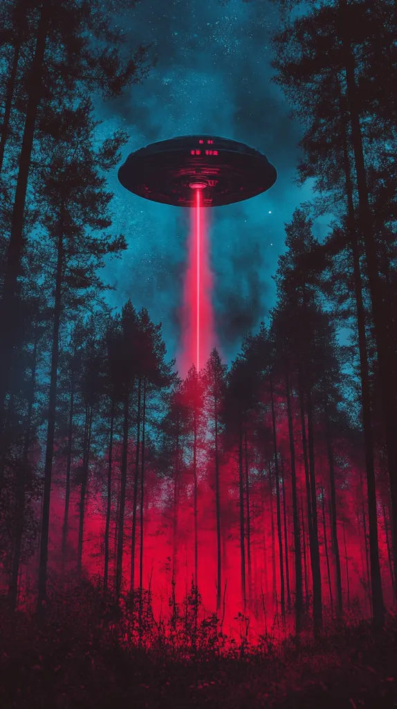 A dark, stylized image depicts a flying saucer hovering over a forest at night. A vibrant crimson beam shoots from the craft, illuminating the trees below in an eerie red glow. The sky is a deep teal, speckled with stars, contrasting sharply with the red light. The scene is atmospheric and suggestive of science fiction or fantasy.  Tall, slender trees create a dense forest canopy.