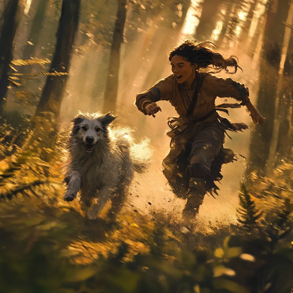 A joyful young woman with long brown hair runs through a sun-dappled forest, her loyal white and grey dog bounding beside her.  Dust and leaves fly as they race, a sense of freedom and adventure filling the scene. The warm light filters through the trees, creating a magical atmosphere.  Both are captured mid-stride, their expressions reflecting pure exhilaration.