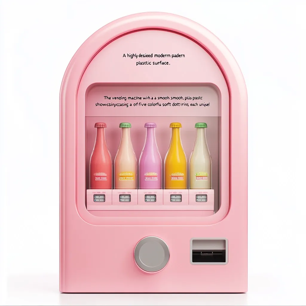 A pink, arched vending machine with a smooth plastic surface displays five colorful bottles of drink.  The machine features a modern design and is described as having a highly desired aesthetic. Each bottle is uniquely colored and labeled.  The overall style is minimalist and playful.