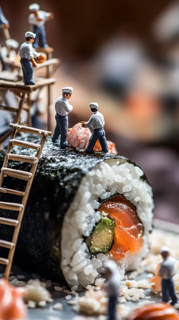Miniature figures of workers construct a giant sushi roll.  Two figures carefully place salmon on top, while others work on a scaffolding nearby. The sushi is a large maki roll, with visible rice, seaweed, and salmon filling.  The scene is a whimsical juxtaposition of scale, showcasing meticulous detail in both the figurines and the food.