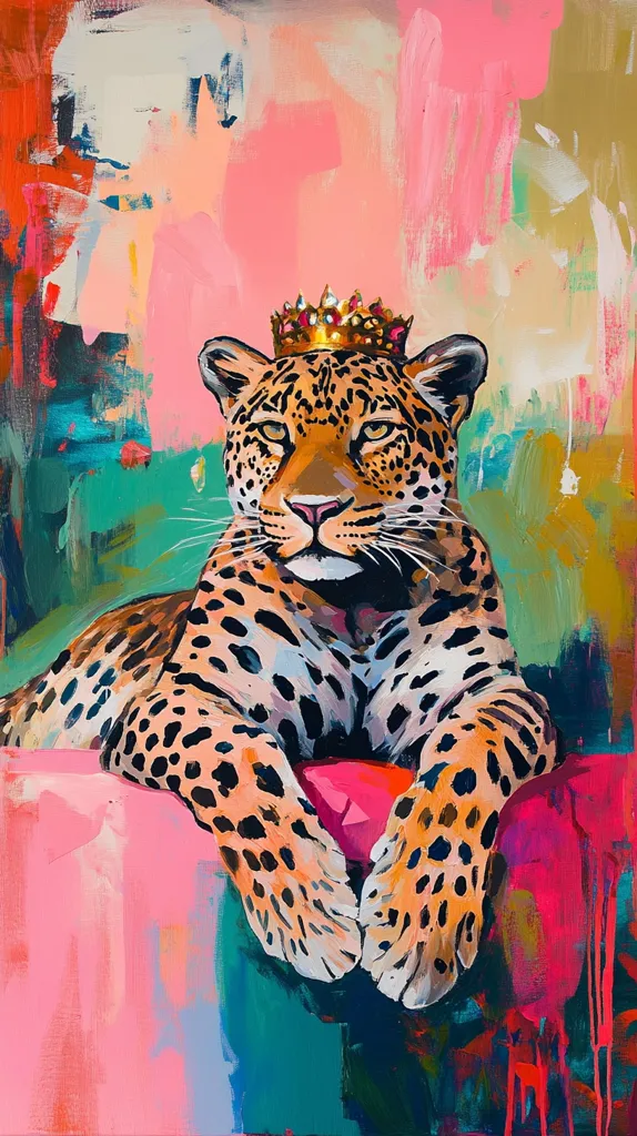 A vibrant, abstract painting depicts a leopard wearing a gold crown.  The leopard is positioned centrally, reclining with its paws neatly placed. The background is a bold mix of pink, teal, and gold hues, rendered in expressive brushstrokes. The overall style is contemporary and playful, contrasting the regal leopard with the energetic background.