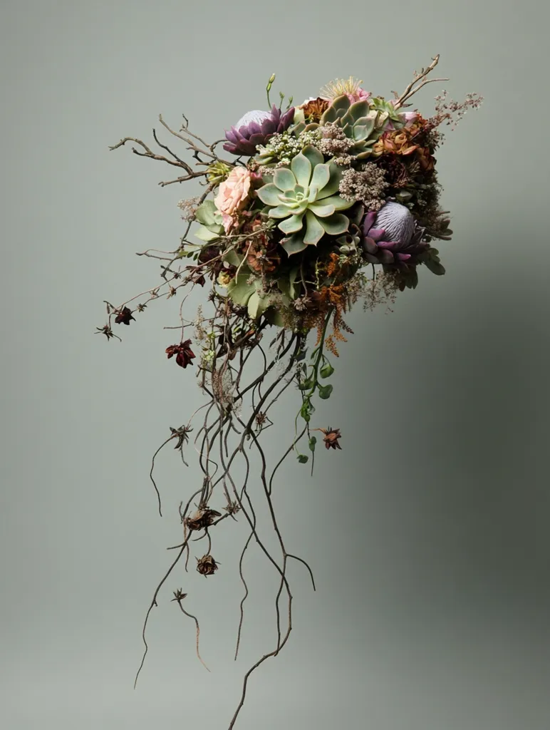A unique floral arrangement features a cluster of succulents and proteas, accented with dried elements and delicate greenery.  Long, dark branches drape downwards, creating a cascading effect against a muted green backdrop.  The overall aesthetic is one of rustic elegance and natural beauty, with a focus on texture and contrasting colors.