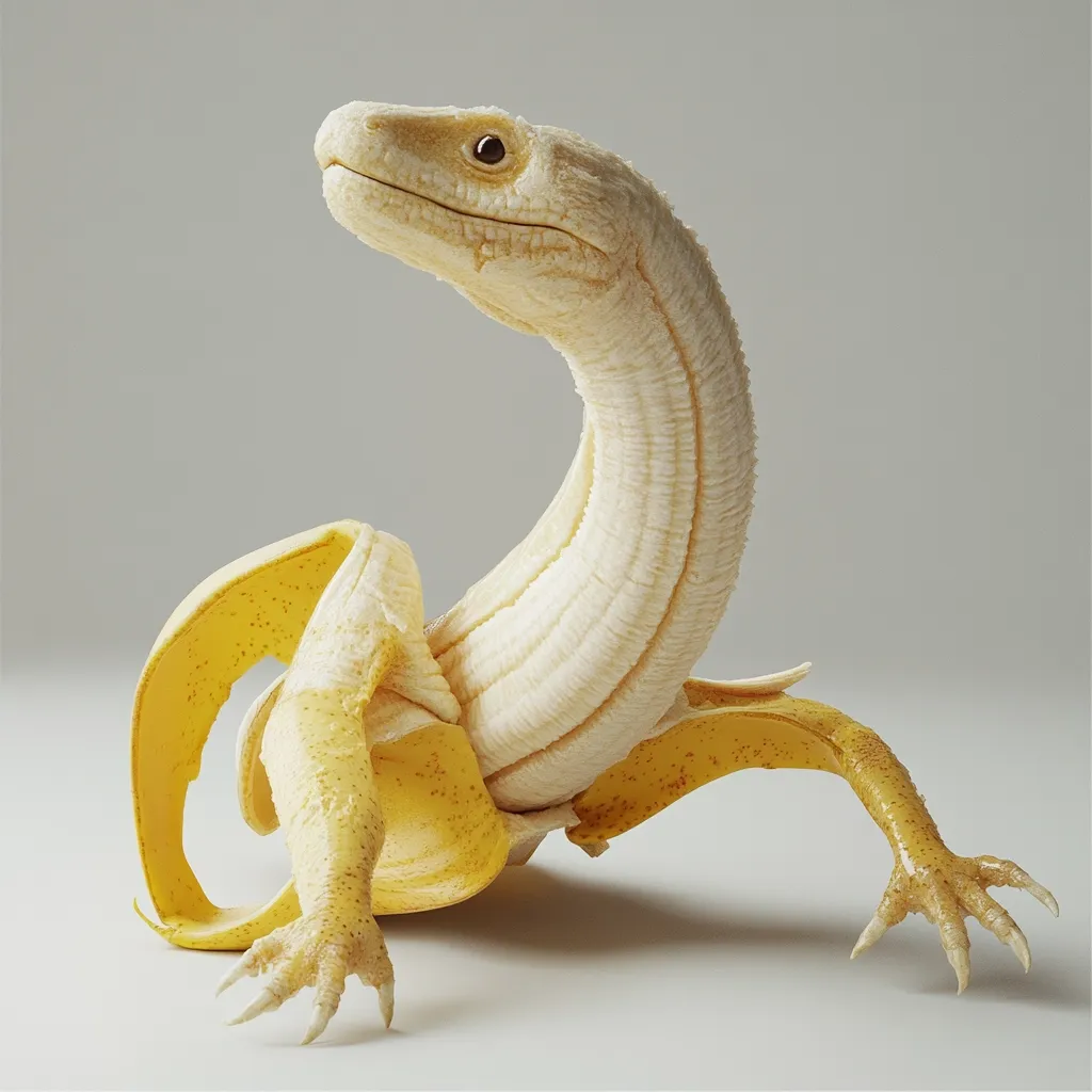 A digitally created image depicts a lizard-like creature meticulously sculpted from a banana peel.  The creature's body seamlessly integrates with the peel's texture and color, its long neck and clawed feet formed from the fruit's natural curves. The background is a simple, light gray, enhancing the focus on the intricately crafted banana lizard.  The overall effect is surreal and artistic.