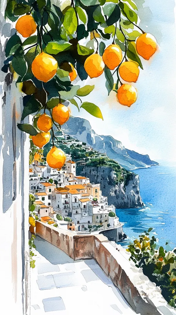 A watercolor painting depicts a vibrant coastal scene.  A branch laden with ripe oranges hangs over a stone walkway, framing a picturesque Italian village clinging to a dramatic cliffside.  The whitewashed buildings cascade down towards a sparkling azure sea. The sunlit scene evokes a sense of warmth and tranquility.