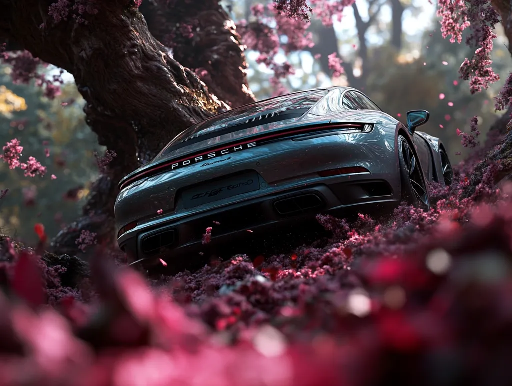 A rear view of a sleek, dark grey Porsche 911 Turbo S is partially obscured by a large tree trunk and surrounded by vibrant pink blossoms.  Falling petals create a dreamy, almost surreal atmosphere. The car appears to be nestled within a flowering landscape, suggesting a tranquil yet luxurious setting. The image's focus blurs the foreground flowers, highlighting the car's elegant lines.