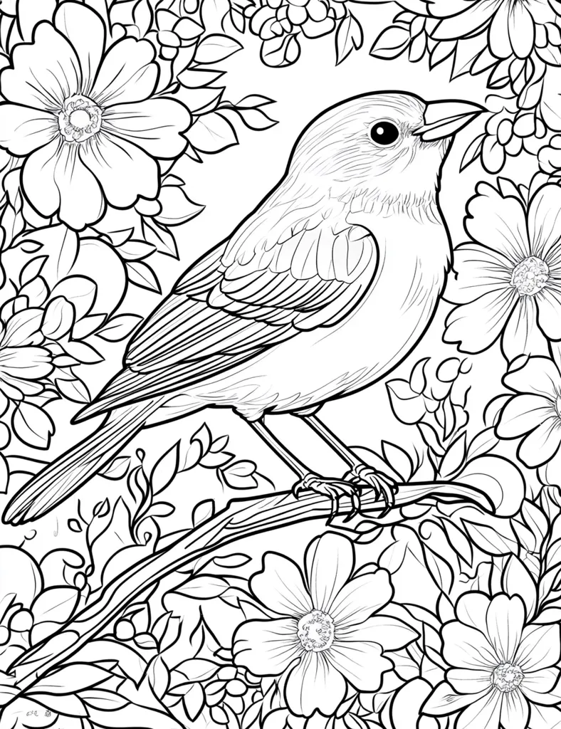 A detailed line drawing of a bird perched on a branch amidst a vibrant array of flowers. The bird is depicted with intricate feather details, its body oriented to the right, head slightly turned towards the viewer.  The flowers surrounding the bird are equally detailed, showcasing a variety of blossoms and leaves in a lush, decorative style, suitable for coloring.  The overall style suggests a coloring page or adult coloring book design.