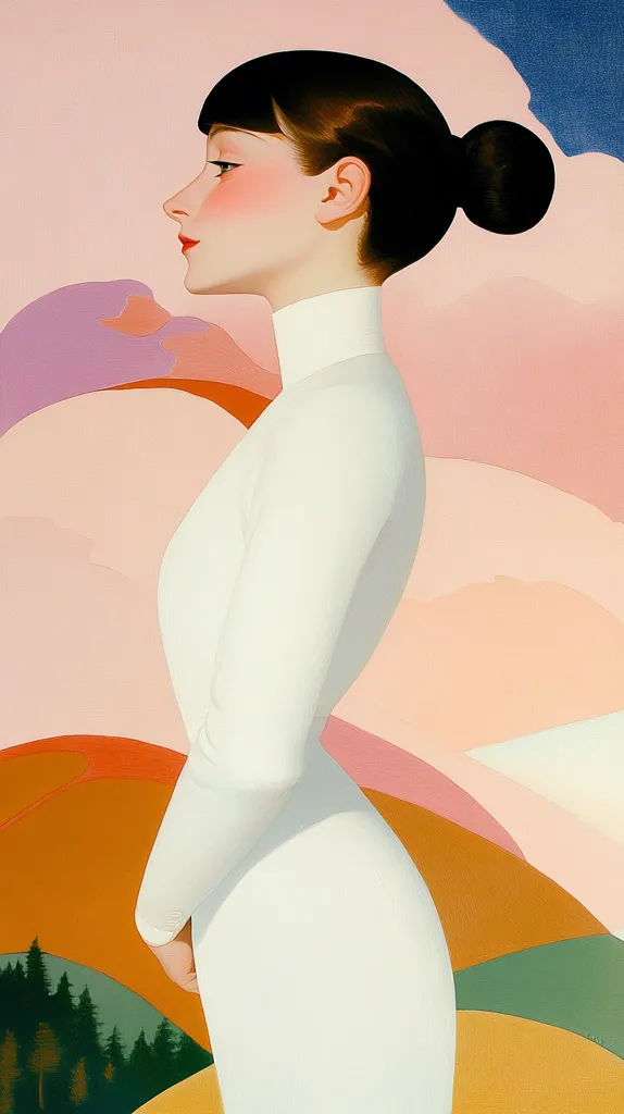 A stylized portrait of a woman in profile, her face subtly rendered against a backdrop of abstract, pastel-colored hills and a dark blue sky.  She is dressed in a simple, elegant white turtleneck dress, her dark hair pulled back in a bun. The painting's smooth surfaces and soft color palette create a serene and slightly melancholic atmosphere.  A line of dark green trees is visible at the bottom, contrasting with the warm hues of the landscape.