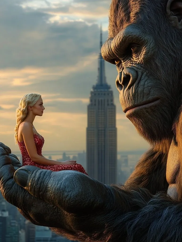 A blonde woman in a red dress sits delicately on the enormous hand of a gorilla, overlooking a cityscape featuring the Empire State Building. The setting sun casts a warm glow on the scene.  The gorilla's face is powerfully rendered, conveying a sense of gentle contemplation. The juxtaposition of the delicate woman and the immense primate creates a striking visual contrast.