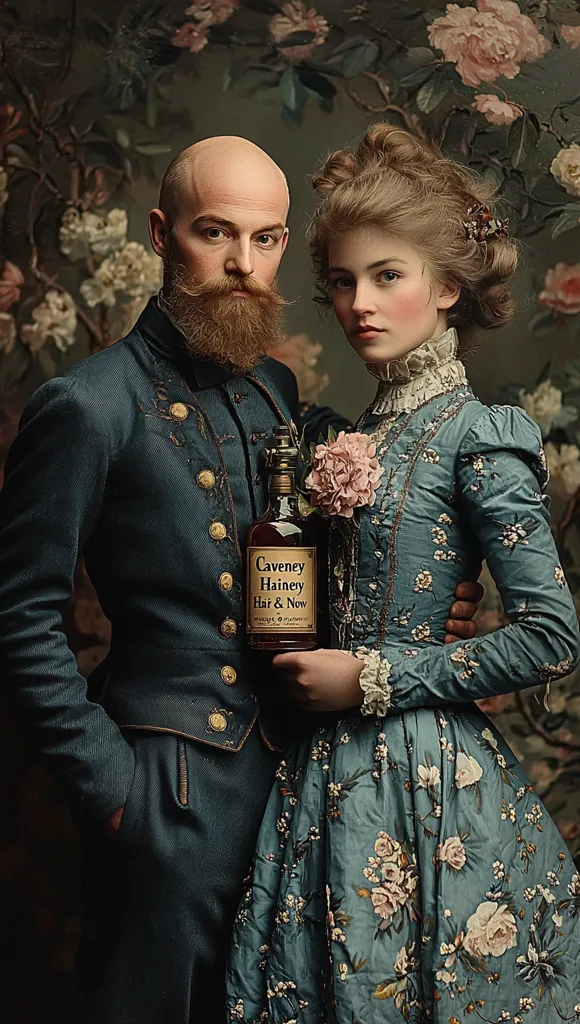 A portrait in the style of a 19th-century painting depicts a bald, bearded man in military attire and a woman in an elegant, floral teal gown.  They stand close, the woman holding a bottle labeled "Cavenev Hainey Hair & Now," against a backdrop of lush, blooming flowers. The image evokes a romantic and historical atmosphere, with rich colors and detailed costuming.