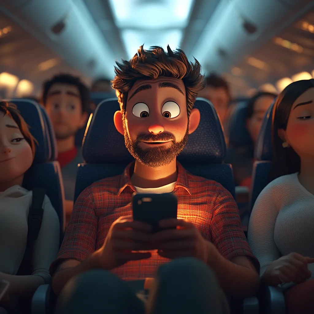 A stylized cartoon man with large eyes and a beard sits on an airplane, engrossed in his smartphone.  He's surrounded by other passengers in a dimly lit cabin.  The woman beside him appears to be sleeping or resting. The image's warm lighting and cartoonish style create a comfortable and inviting mood.