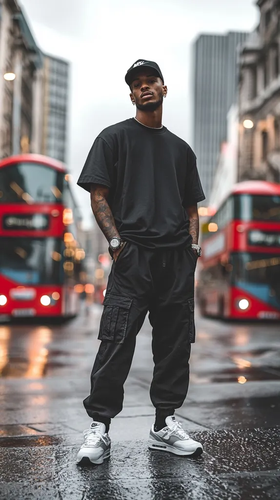 A young man with a stylish look stands on a city street. He wears a black oversized t-shirt, black cargo pants, a black baseball cap, and white Nike Air Max 1 sneakers.  Blurred London buses are in the background, creating a city backdrop.  His hands are in his pockets, and he looks directly at the camera with a serious expression. The overall mood is cool and urban.