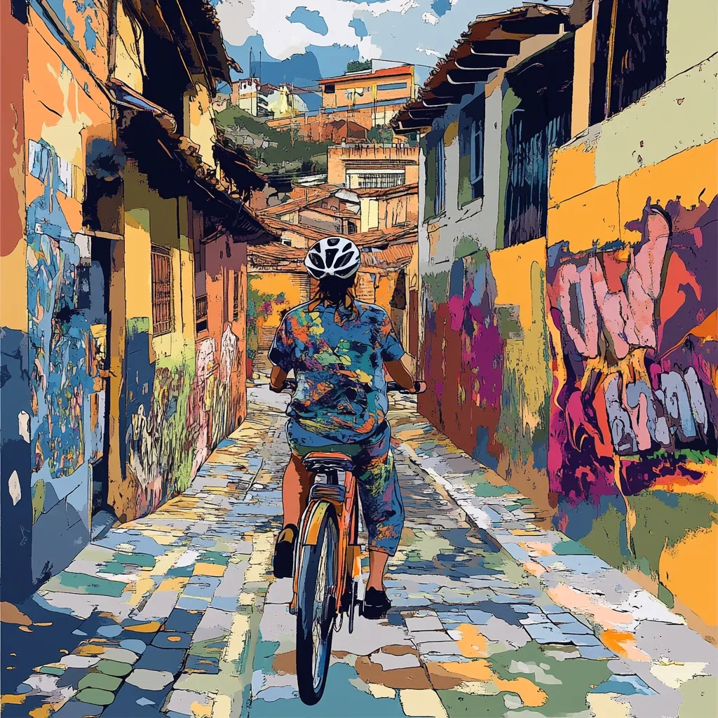 A cyclist, wearing a helmet and vibrant patterned shirt, pedals down a narrow, colorful street.  The alleyway is flanked by buildings adorned with graffiti and vibrant hues.  The scene is rendered in a stylized, almost comic-book-like art style, with bold colors and visible brushstrokes.  The buildings show signs of age and wear, adding to the street's character.