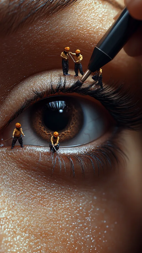A close-up shot reveals a human eye, with miniature workers meticulously tending to the eyelashes.  The workers, wearing orange hard hats, appear to be using tiny tools. A hand holds a pen-like object above the eye, suggesting the scene is a surreal, artistic representation of eyelash maintenance or enhancement. The eye's detail and the contrast with the miniature figures create a striking visual effect.