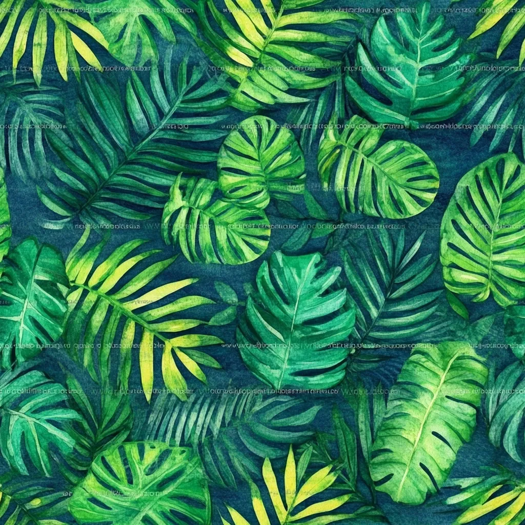 A vibrant watercolor illustration features a lush array of tropical leaves in varying shades of green and yellow-green.  The densely packed leaves include palm fronds and monstera deliciosa, creating a rich, textured pattern. The deep teal background accentuates the vibrant greens of the foliage, evoking a feeling of a dense, verdant jungle. The artwork's style is painterly and organic, capturing the natural beauty of tropical flora.