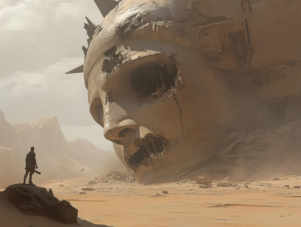 A lone figure stands in a desolate, sandy landscape, gazing at the colossal, decaying remains of a head, possibly a statue or monument.  The head, reminiscent of a weathered, colossal face, is heavily damaged and eroded, hinting at a lost civilization or catastrophic event. The scene is atmospheric and evokes a sense of isolation and the passage of time. The vastness of the desert contrasts with the small scale of the human figure, emphasizing the monument's overwhelming size.