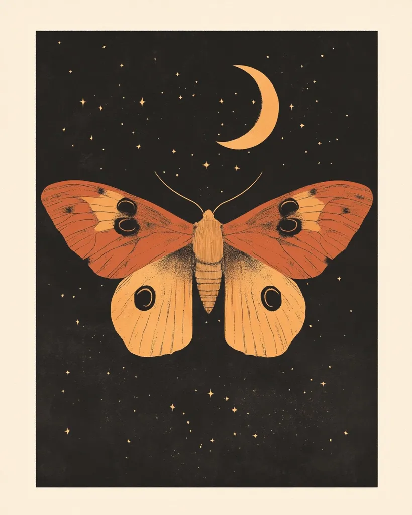 A minimalist illustration features a large, orange moth centrally positioned against a dark night sky.  The moth's wings are detailed, showcasing a textured appearance. A crescent moon and scattered stars add to the celestial backdrop, creating a serene and mystical atmosphere. The overall style is reminiscent of vintage botanical prints with a modern, muted color palette.