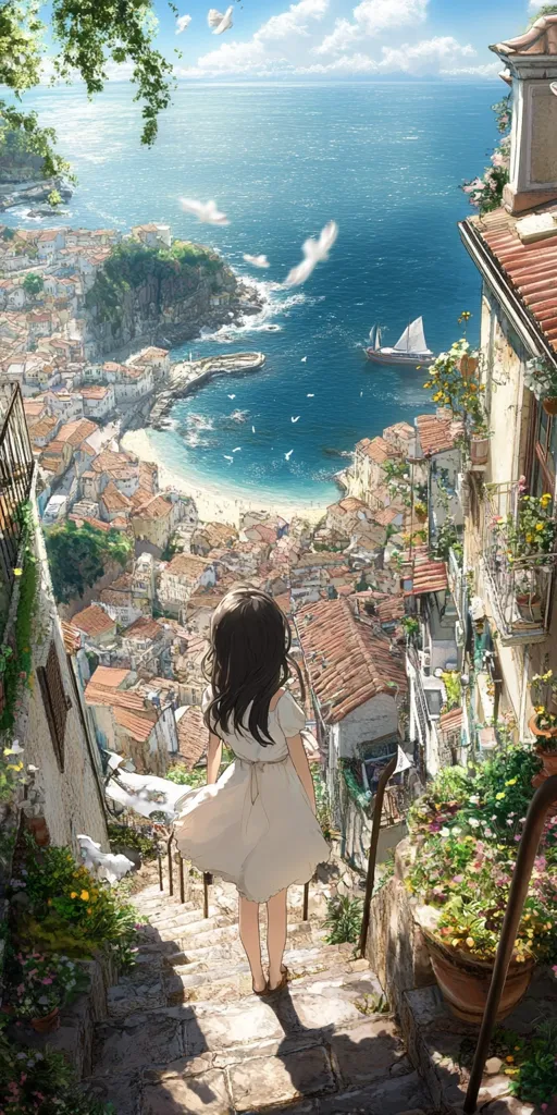 A young girl in a white dress stands on a stone staircase overlooking a picturesque coastal town.  The town's terracotta rooftops cascade down to a tranquil bay, where a sailboat rests on the calm blue water.  Birds fly overhead, and lush greenery adorns the buildings and steps.  The scene is peaceful and idyllic, bathed in sunlight.