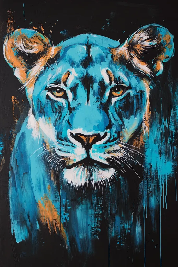 A striking acrylic painting depicts a lioness, rendered in vibrant turquoise and teal hues against a dark background.  The artist uses bold brushstrokes and drips to create a dynamic, almost abstract effect. The lioness's gaze is direct and intense, her expression powerful and captivating.  Accents of orange and white highlight her features, enhancing the overall dramatic impact.