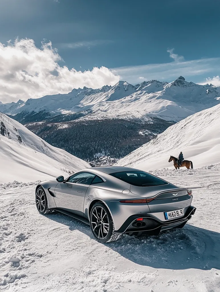 A silver Aston Martin DB11 sports car sits on a snow-covered mountain road.  A majestic snow-capped mountain range forms a stunning backdrop. In the distance, a person on horseback can be seen, adding a touch of serenity to the scene. The contrast between the sleek car and the rugged, wintry landscape creates a captivating image.  The bright sunlight illuminates the scene, highlighting the pristine snow and the car's metallic finish.