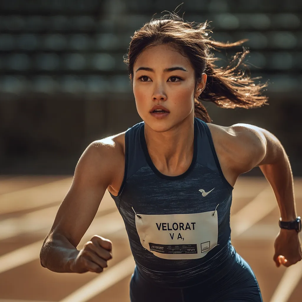 A young woman with a determined expression is captured mid-stride on a running track.  Her dark hair is pulled back, revealing her focused face. She wears a dark blue athletic tank top with a race bib reading "VELORAT VA," indicating participation in a competition.  Sunlight illuminates her powerful physique as she leans into her run. The image conveys strength, speed, and athleticism.