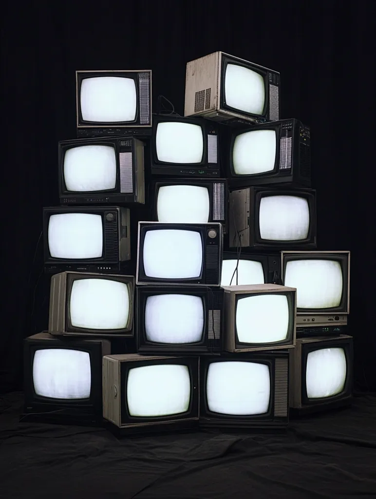 A large pile of vintage television sets sits on a dark surface against a black backdrop.  The sets are various shapes and sizes, all displaying a static-filled white screen.  Their aged appearance suggests a nostalgic or obsolete technology, potentially symbolizing the overwhelming amount of information and media choices in the modern world.  The image has a dark, moody atmosphere.