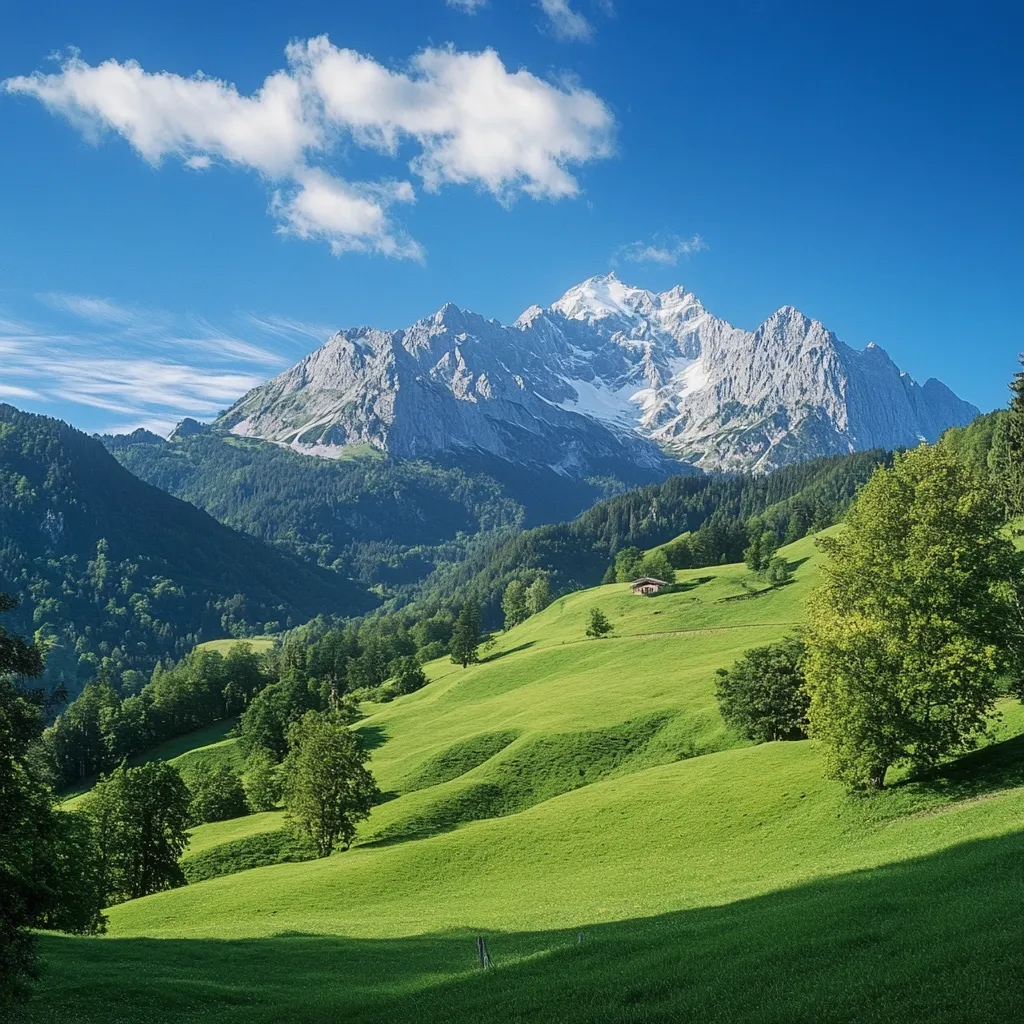 A majestic snow-capped mountain range dominates the backdrop of a vibrant, rolling green landscape. Lush meadows, dotted with solitary trees and a small cabin, stretch towards the towering peaks under a clear blue sky.  The scene exudes serenity and showcases the beauty of a pristine natural environment. Sunlight casts shadows on the undulating hills, adding depth and texture to the idyllic view.
