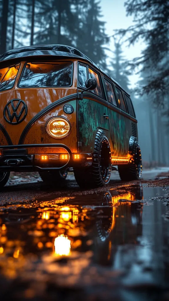 A customized vintage Volkswagen bus, painted in earthy tones with teal accents, sits on a forest road.  Its interior glows warmly, contrasting with the muted, misty backdrop of tall trees.  Large, off-road tires and undercarriage lighting add to its rugged, adventurous appeal.  The bus is reflected in a puddle on the wet ground, creating a symmetrical, captivating image.
